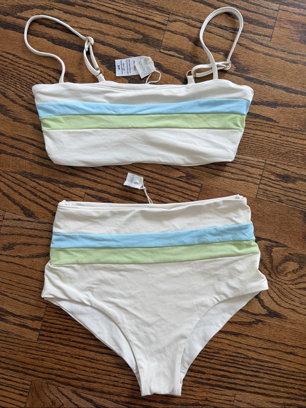 L Space Bandeau High Rise Bikini Blue Green Stripe Size Small